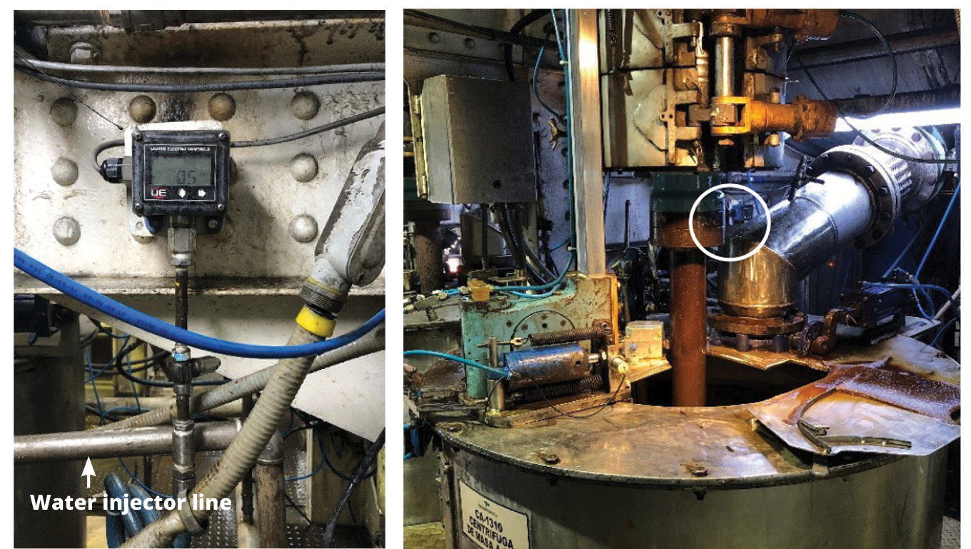 Excela installed on a water injector line of a centrifuge (left) and Individual centrifuge with the Excela (circled) (right)